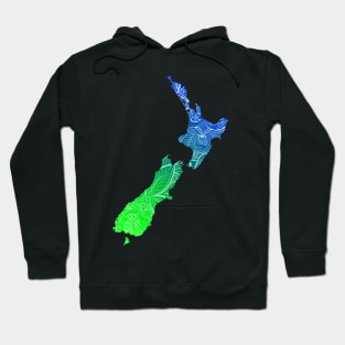 Colorful mandala art map of New Zealand with text in blue and green Hoodie